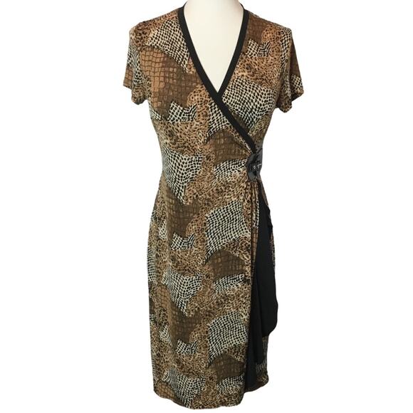 Milano Faux Wrap Dress Brown Reptile Snake Print Slinky Knit Size Small Mobwife - Picture 1 of 13
